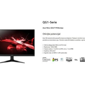 Acer 27" Nitro QG1 FHD 180HzFHD,IPS,250cd,1ms,HDMIx2,DP,SPK+Audio out,tilt -5 20,VESA 100x100,crna