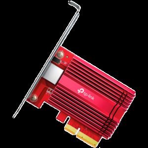 TPLink 10 Gigabit PCI Express Network Adapter, 1× PCI Express 3.0 x4, 1× RJ45 Gigabit/Megabit Port, 10 Gbps, 5 Gbps, 2.5 Gbps, 1 Gbps, and 100 Mbps Base-T connectivity; 1.5 m CAT6A Ethernet Cable, Standard/Low-Profile Brackets