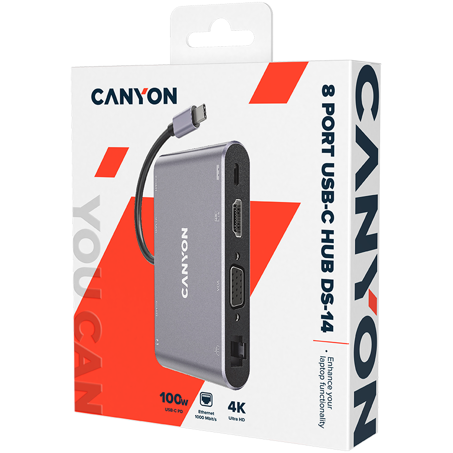 CANYON hub DS-14 8in1 4k USB-C Dark Grey - Slika 2