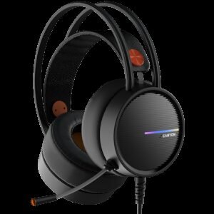 CANYON INTERCEPTOR GH-8A, Gaming headset 3.5mm jack plus USB connector for LED backlight, adjustable microphone and volume control, with 2in1 3.5mm adapter, cable 2M, Black and Orange, 0.36kg