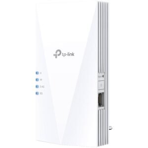 TP-Link RE500X AX1500 Wi-Fi 6 Range Extender, 300 Mbps at 2.4 GHz + 1201 Mbps at 5 GHz, 2 × Internal Antennas, 1 × Gigabit Port, Broadcom 1.5GHz Tri-Core CPU, 1024 QAM, Wall Plugged, Tether App, WPS, RE/AP Mode, OneMesh, Beamforming, MU-MIMO, OFDMA