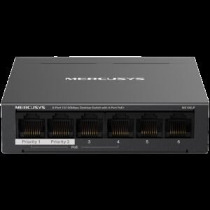 Mercusys MS106LP 6-Port 10/100 Mbps Desktop Switch with 4-Port PoE+, Compatible with 802.3af/at PDs, 40 W PoE Power, Desktop Steel Case, Wall Mounting, Extend Mode for 250m PoE Transmitting, Priority Port1-2, Isolation Mode, PoE Auto Recovery