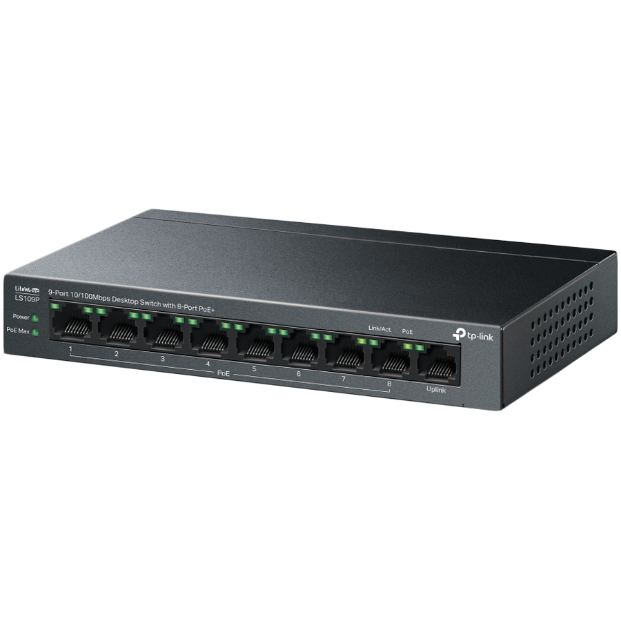 TP-Link LS109P 9-Port 10/100 Mbps Desktop Switch with 8-Port PoE+, 8× 10/100 Mbps PoE+ Ports, 1× 10/100 Mbps Non-PoE Port, 802.3at/af, 63 W PoE Power, Desktop Steel Case, Extend Mode for 250m PoE Transmitting, Isolation Mode, PoE Auto Recovery - Slika 3