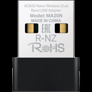 Mercusys MA20N AC650 Nano Wi-Fi USB Adapter, 200 Mbps at 2.4 GHz + 433 Mbps at 5 GHz, 1× Internal Antenna, USB 2.0, Nano Size, WPA3, Plug and Play