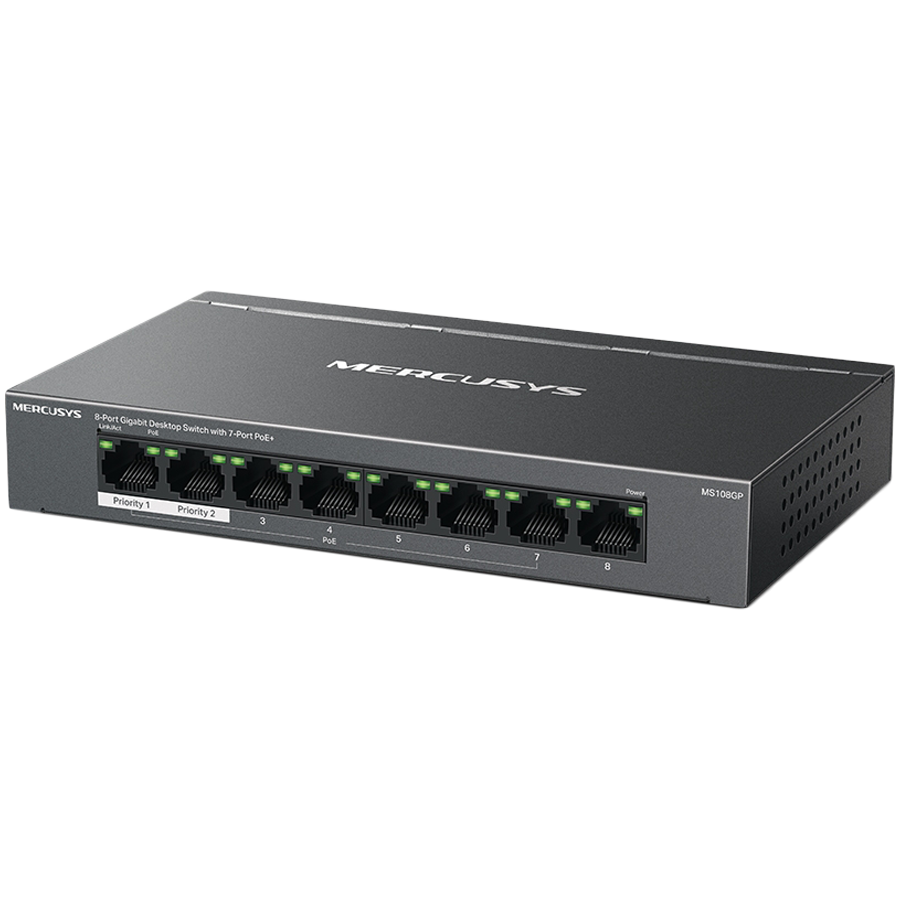 Mercusys MS108GP 8-Port Gigabit Desktop Switch with 7-Port PoE+, 7× Gigabit PoE+ Ports, 1× Gigabit Non-PoE Ports, Compatible with 802.3af/at PDs, 65 W PoE Power, Desktop Steel Case, Wall Mounting,Extend Mode for 250m PoE Transmitting, Isolation Mode - Slika 2