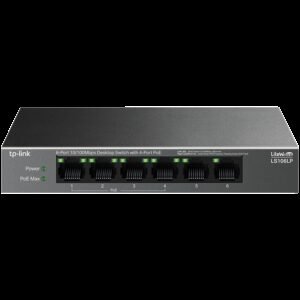 TP-Link LS106LP 6-Port 10/100 Mbps Desktop Switch with 4-Port PoE, 4× 10/100 Mbps PoE Ports, 2× 10/100 Mbps Non-PoE Ports, 802.3af, 41 W PoE Power, Desktop Steel Case, Extend Mode for 250m PoE Transmitting, PoE Auto Recovery, Plug and Play