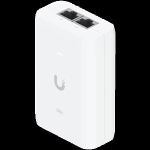 Ubiquiti U-POE+ adapter 30W, powers UniFi PoE+ devices, reduce dependency on PoE switch power, Contains RJ45 data input, AC cable with earth ground, and PoE+ output