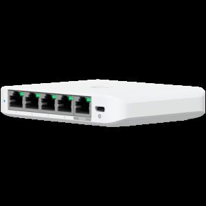 Ubiquiti 5-port 2.5G switch that can be powered with PoE or a USB-C adapter; 4x 2.5 GbE ports, 2.5 GbE PoE input port for power
