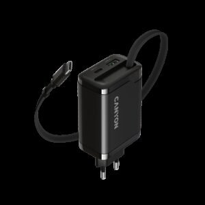 CANYON charger OnCharge 65RC Build-In Cable USB-C 65W 1xPD 1xQC EU Black