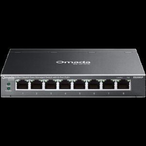 TP-Link ES208GP Omada 8-Port Gigabit Easy Managed Switch with 8-Port PoE+, 8x G PoE+ Ports, 802.3at/af, 64 W PoE Power,  Desktop Steel Case and Fanless,Omada App, Flow Control, Loopback Detection, Port Isolation, Port Mirroring, LAG, VLAN, IGMP Snoop