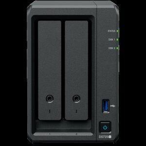 Synology DS725+, Tower, 2-Bays 3.5'' SATA HDD/SSD, 2 x M.2 2280 NVMe SSD, CPU AMD Ryzen R1600 dual-core (4-thread), max. boost up to 3.1 GHz, 4 GB DDR4 ECC SODIMM, 1 x 2.5 GbE, 1 x 1GbE, 1 x USB 3.2, 1 x eSATA USB-C, 1.51 kg, 3y