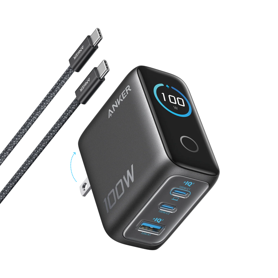 Anker Charger (100W, 3 Ports, Smart Display) Gray