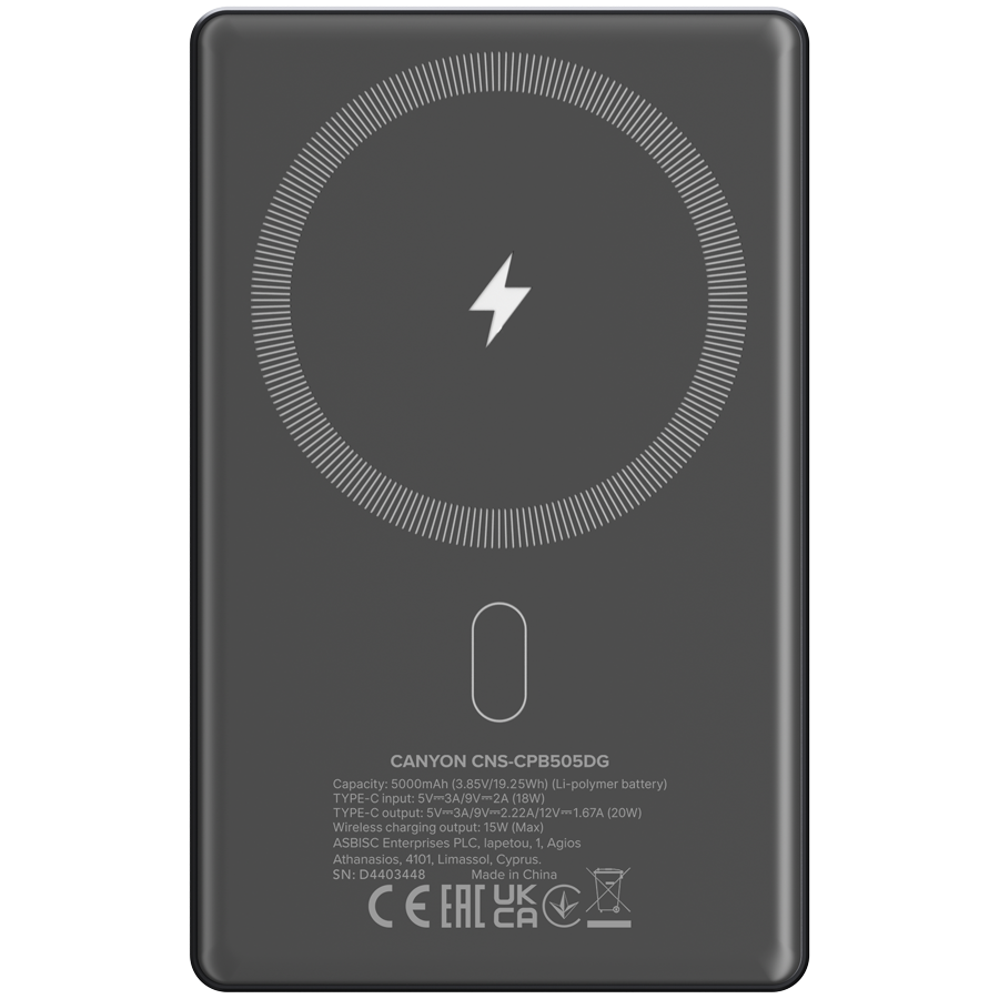 CANYON power bank OnPower 505 slim Magnetic 5000 mAh PD20W Dark Grey - Slika 3