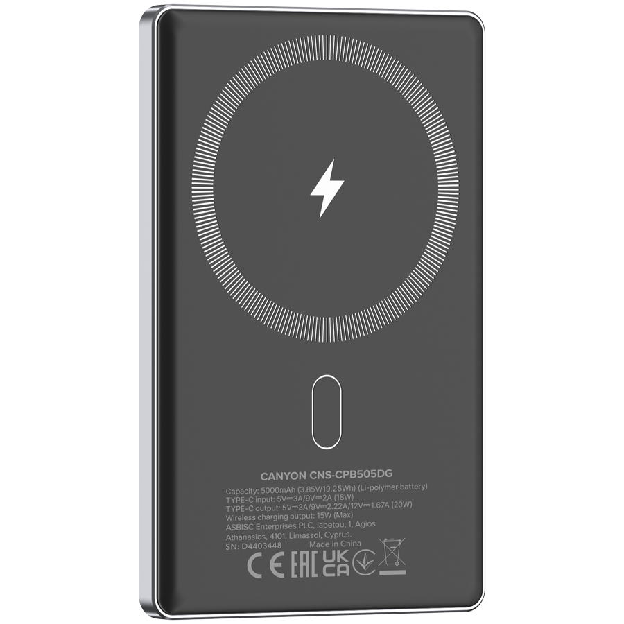 CANYON power bank OnPower 505 slim Magnetic 5000 mAh PD20W Dark Grey - Slika 4