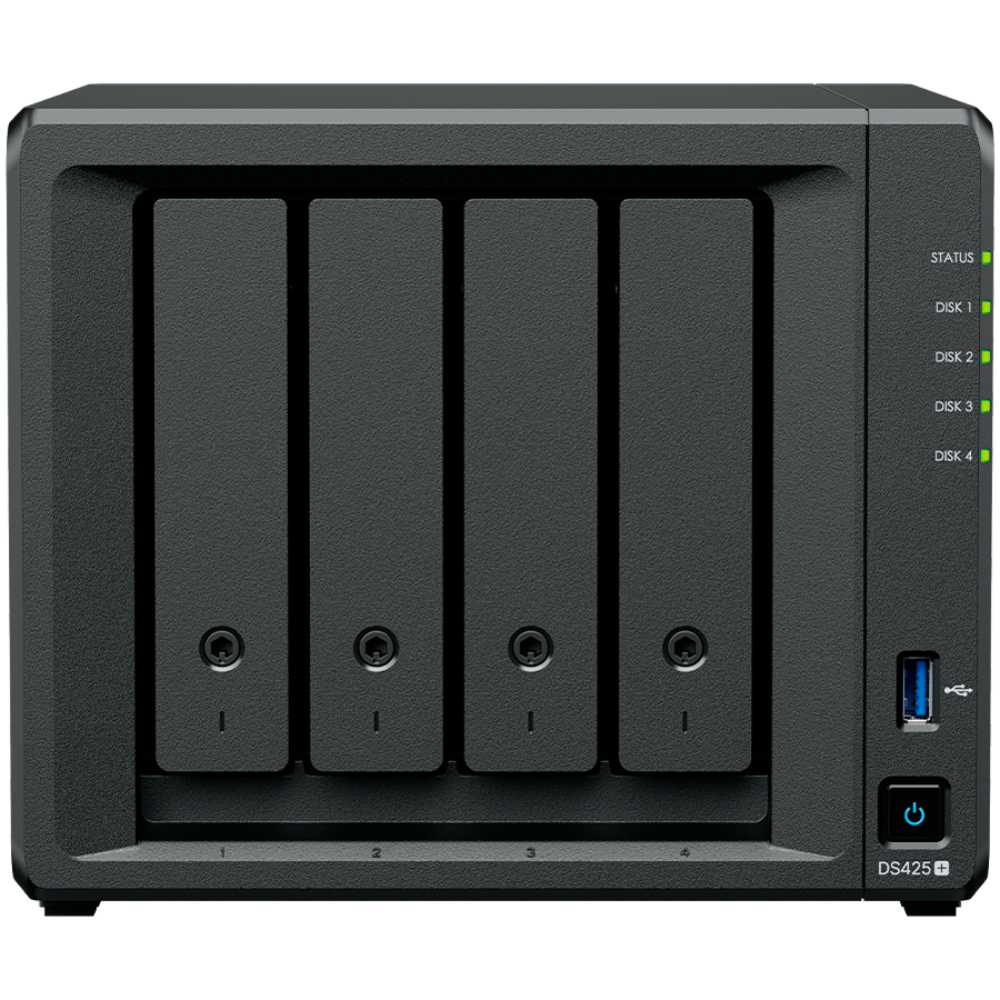 Synology DiskStation DS425+ Tower, 4-Bays 3.5'' SATA HDD/SSD, 2 x M.2 2280 NVMe SSD slot, CPU Intel Celeron J4125 4-core 2.0 GHz, 2 GB DDR4 non-ECC SODIMM, 1x RJ-45 2.5 GbE LAN, 1x RJ-45 1GbE LAN Port; 2x USB 3.2; 2.18 kg; 3yr warranty