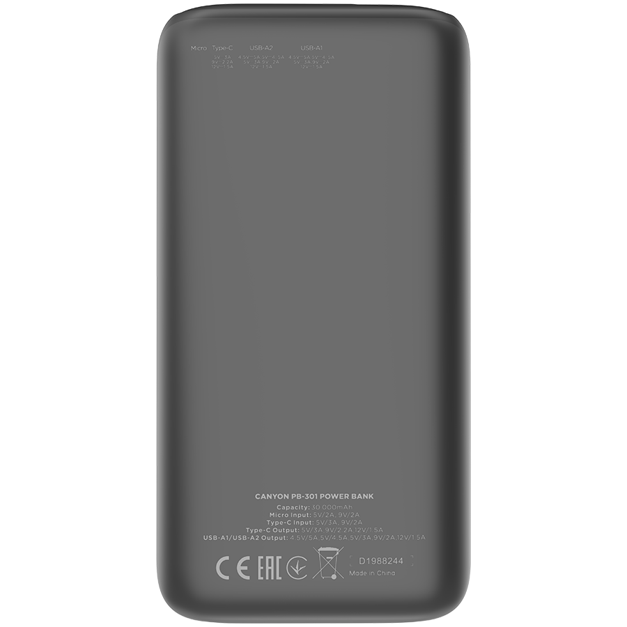 CANYON power bank PB-301 LED 30000 mAh PD 20W QC 3.0 Black - Slika 2