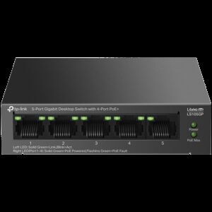 TP-Link LS105GP 5-Port Gigabit Desktop Switch with  4-Port PoE+, 4x Gigabit PoE+ Ports, 1x Gigabit Non-PoE Port, 802.3af/at, 65 W PoE Power, Desktop Steel Case, Extend Mode for 250m PoE Transmitting, PoE Auto Recovery, Plug and Play