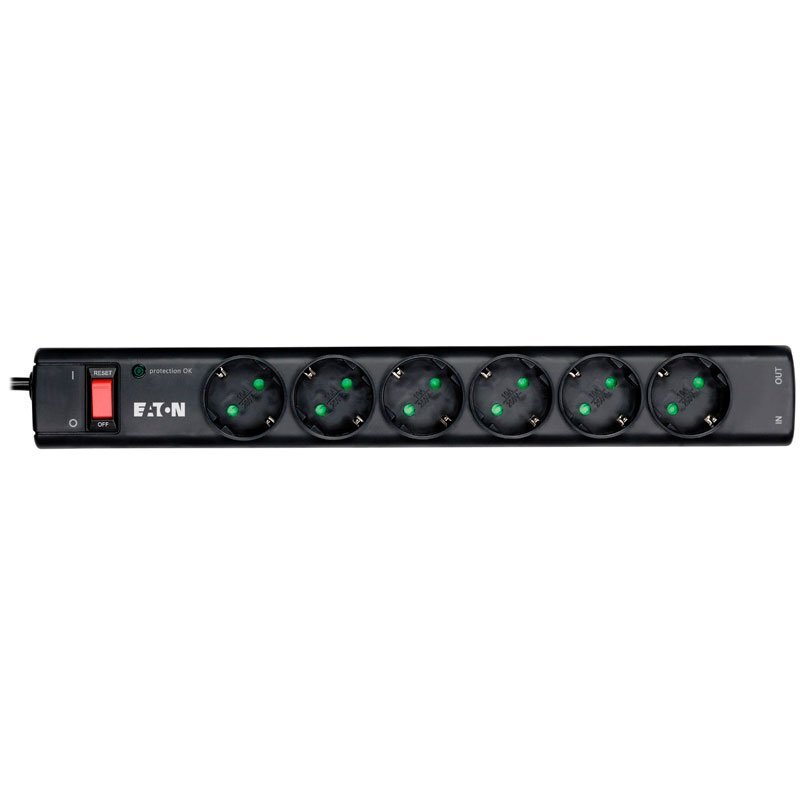 Eaton Protection Strip 6 DIN, 10A, 2500W; Input: Schuko, Outputs: (6) Schuko; Power Cord Lenght 1m; Over voltage protection; On/Off switch; LED indication; 2yr warranty