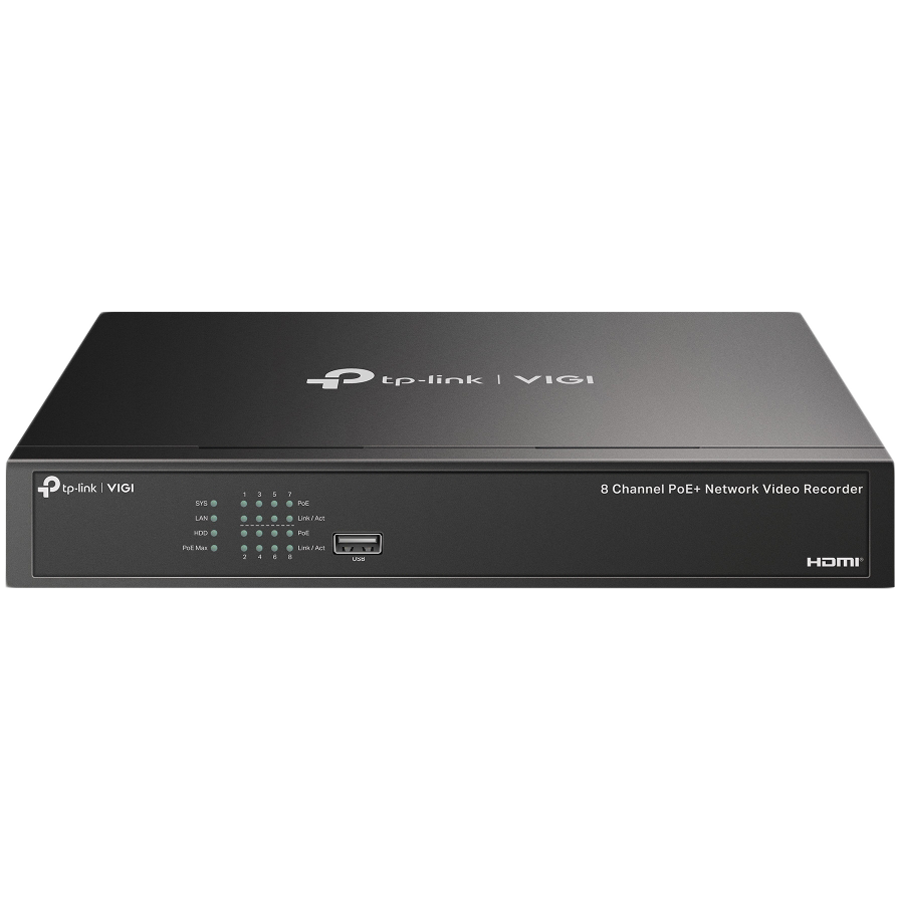 8 Channel PoE+ Network Video RecorderSPEC: H.265+/H.265/H.264+/H.264, Up to 8MP resolution, Decoding capability/8-ch@2MP/4-ch @4MP,80 Mbps Incoming Bandwidth(up to 8 channels),8× 10/100 Mbps PoE+ Ports, PoE Powe 53W, 802.3 af/at,1× SATA Interface