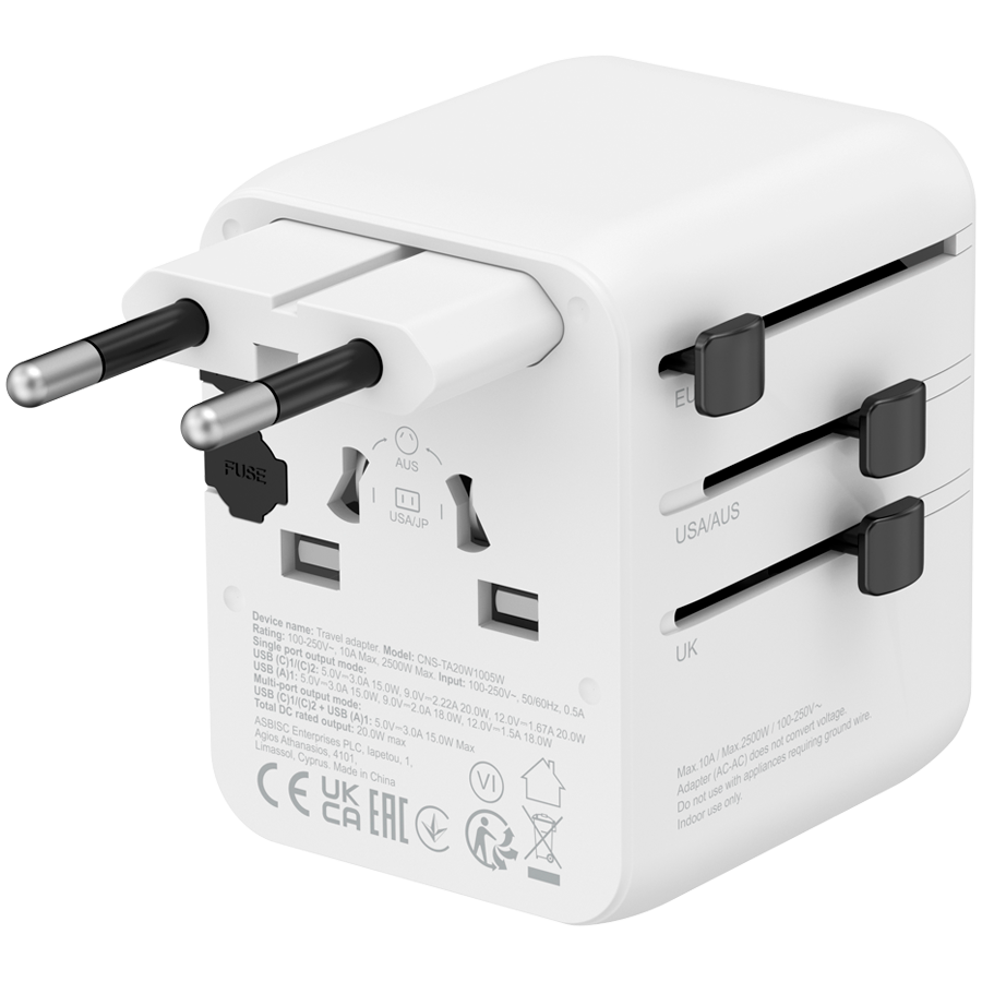 CANYON Travel Adapter OnTour 20 EU/UK/US/AUS 20W White - Slika 2