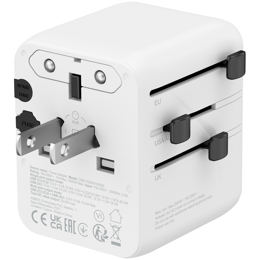 CANYON Travel Adapter OnTour 20 EU/UK/US/AUS 20W White - Slika 3