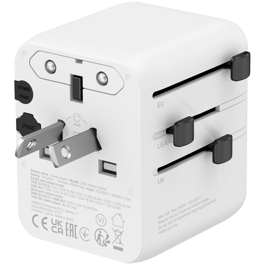 CANYON Travel Adapter OnTour 20 EU/UK/US/AUS 20W White - Slika 4