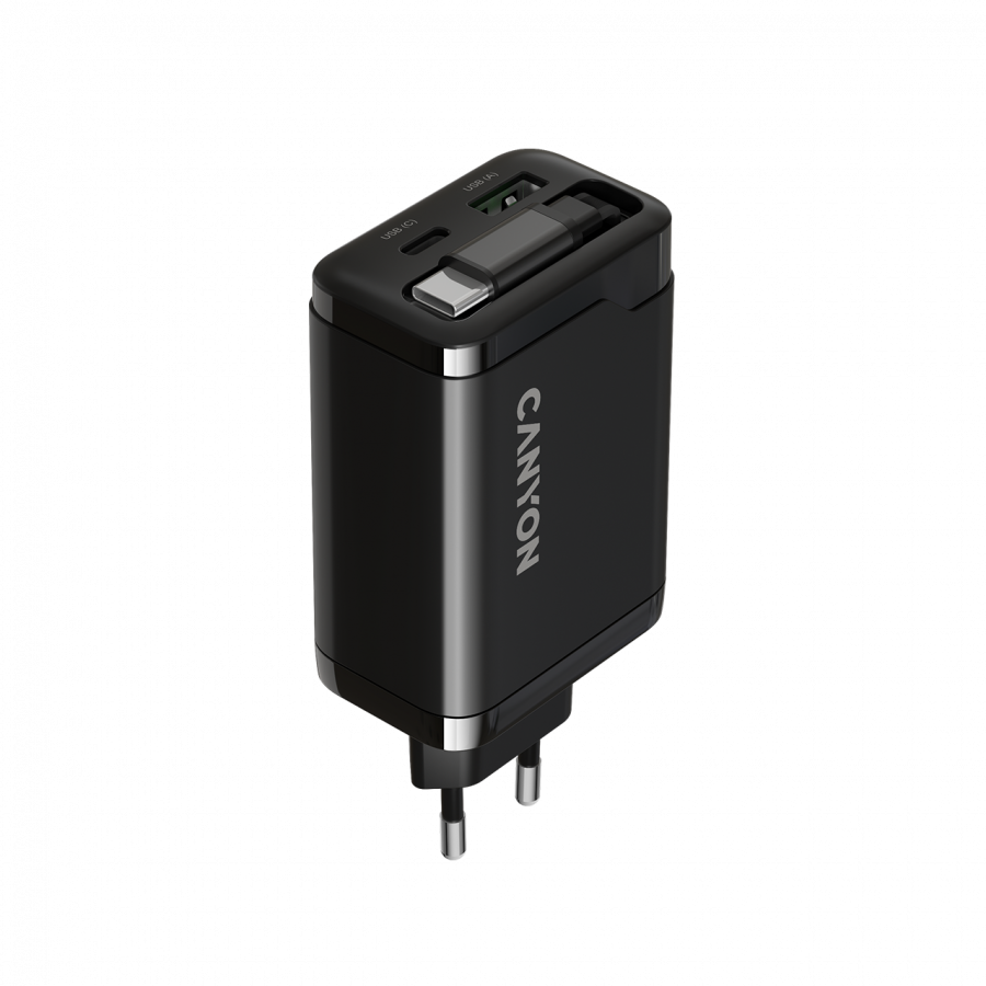 CANYON charger OnCharge 65RC Build-In Cable USB-C 65W 1xPD 1xQC EU Black - Slika 3