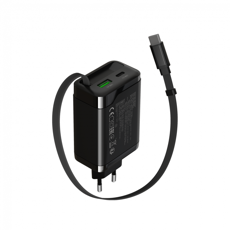 CANYON charger OnCharge 65RC Build-In Cable USB-C 65W 1xPD 1xQC EU Black - Slika 2