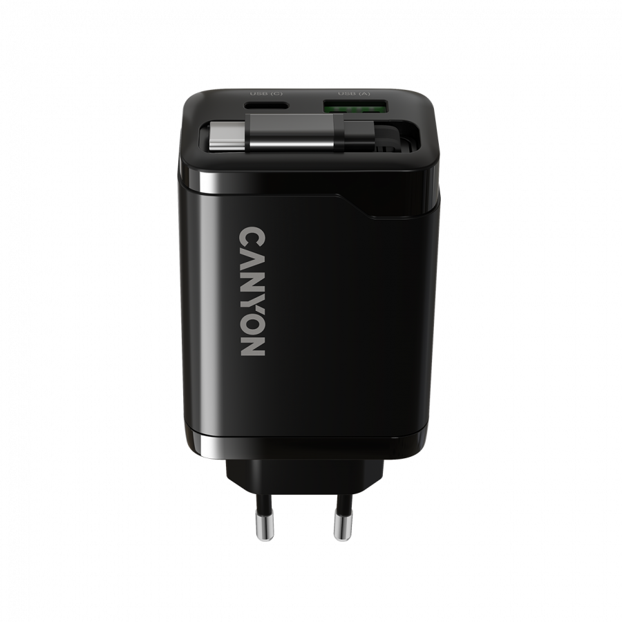 CANYON charger OnCharge 65RC Build-In Cable USB-C 65W 1xPD 1xQC EU Black - Slika 4
