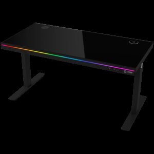 Dual-motor sit/stand adjustable-height gaming desk with wireless charger, RGB lighting, control panel, and USB ports, solid tempered glass tabletop, black.