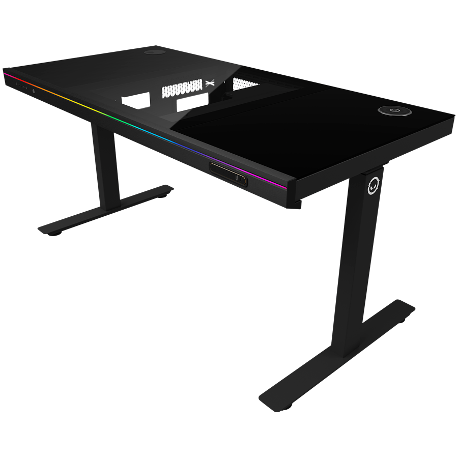 Dual-motor sit/stand adjustable-height gaming desk with built-in PC case, wireless charger, RGB lighting, control panel, and USB ports, tempered glass tabletop, black. - Slika 2
