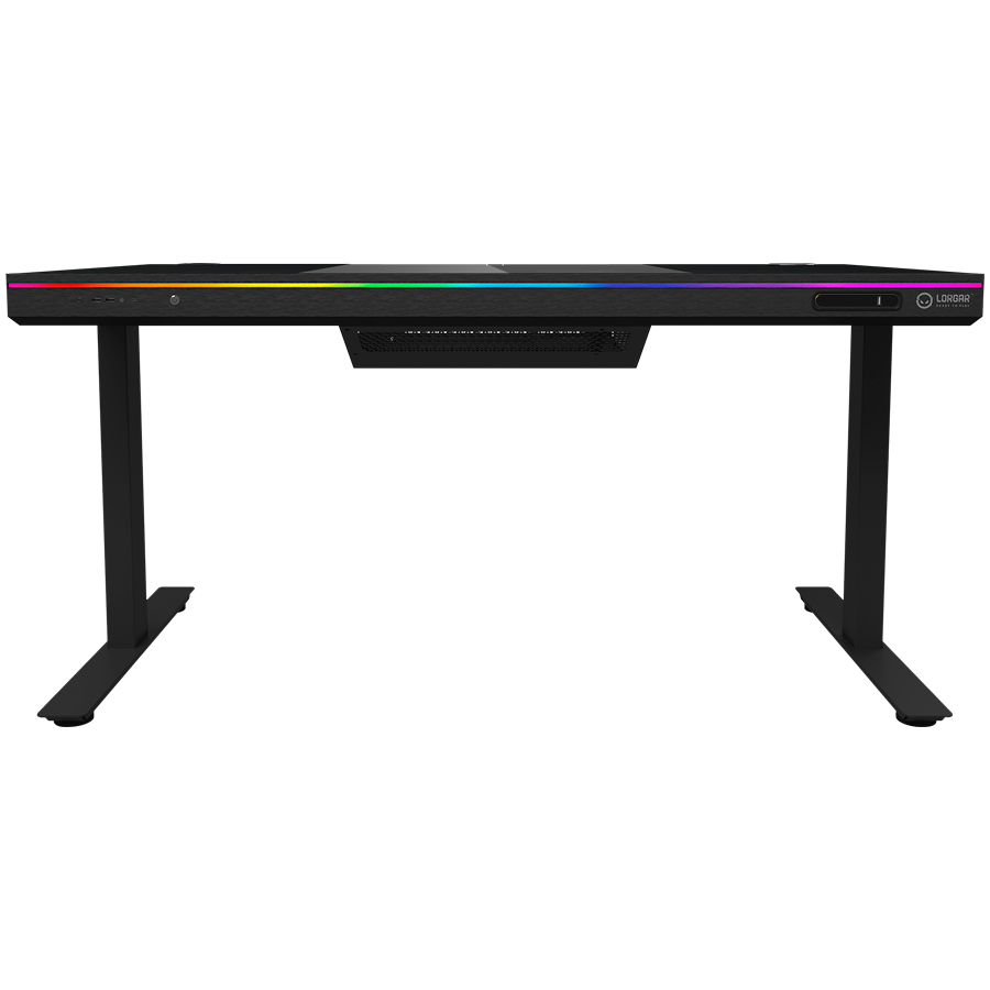 Dual-motor sit/stand adjustable-height gaming desk with built-in PC case, wireless charger, RGB lighting, control panel, and USB ports, tempered glass tabletop, black. - Slika 3