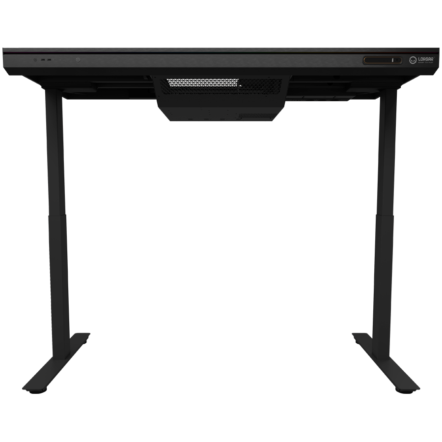 Dual-motor sit/stand adjustable-height gaming desk with built-in PC case, wireless charger, RGB lighting, control panel, and USB ports, tempered glass tabletop, black. - Slika 4