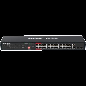 Mercusys MS128GP 28-Port Gigabit Rackmount Switch with 24-Port PoE+, 24x Gigabit PoE+ Ports, 2x Gigabit Non-PoE Ports, and 2x Gigabit SFP Slots, 295 W PoE Power, Rackmountable Steel Case, Extend Mode for 250m PoE Transmitting, Isolation Mode