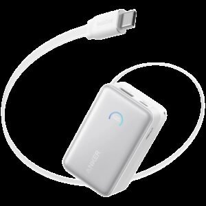 Anker Nano Power Bank (10K, 45W, Built-In Retractable USB-C Cable) White, Smart Display, 70 cm Retractable USB-C Cable, 1x USB-A, 1x USB-C