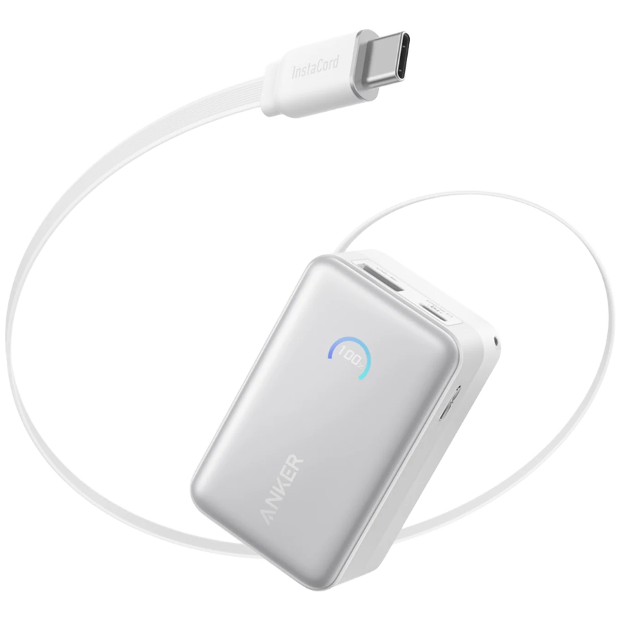 Anker Nano Power Bank (10K, 45W, Built-In Retractable USB-C Cable) White, Smart Display, 70 cm Retractable USB-C Cable, 1x USB-A, 1x USB-C