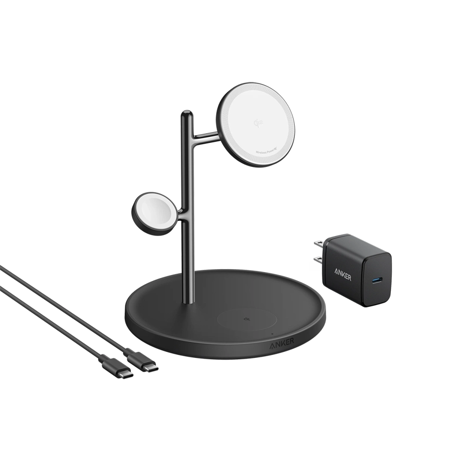 Anker MagGo Wireless Charging Station (15W, 3-in-1 Stand) with cable and charger bundle