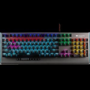 CANYON Interceptor GK-8, Wired multimedia gaming keyboard with lighting effect, 20pcs rainbow LED & 19pcs RGB light, Numbers 104keys, EN double injection layout, cable length 1.8M, 446*160*40mm, 0.98kg, color Dark grey