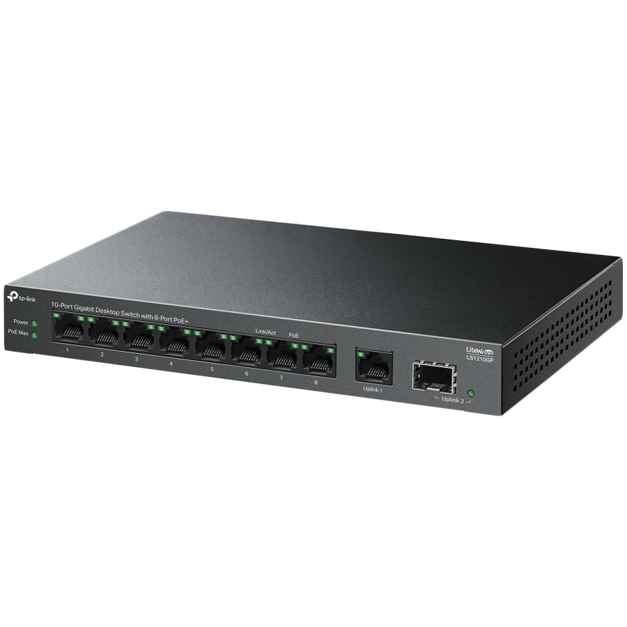 TP-Link LS1210GP 10-Port Gigabit Desktop Switch with 8-Port PoE+, 8× Gigabit PoE+ Ports, 1x Gigabit Non-PoE Port, 1× Gigabit SFP Slot, 61 W PoE Power, Desktop Steel Case, Extend Mode for 250m PoE Transmitting, Isolation Mode, PoE Auto Recovery - Slika 3