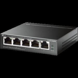 5-Port Gigabit Easy Smart Switch with 4-Port PoE+ 4× Gigabit PoE+ Ports, 1× Gigabit Non-PoE Ports 802.3af/at, 120 W PoE Power, Desktop Steel Case PoE Auto Recovery, MTU/Port/Tag-based VLAN, QoS, IGMP Snooping, Web/Utility Management, Plug and Play