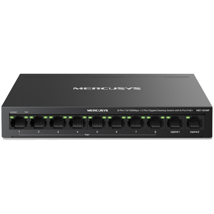 Mercusys MS110CMP 10-Port 10/100Mbps Desktop Switch with 8-Port PoE+, 8 x 10/100 Mbps PoE+ Ports, 2 x Gigabit non-PoE Ports, 115 W PoE Power, Increases PoE transmission distance to 250m by Extend Mode, PoE Auto Recovery, Isolation mode, Metal casing