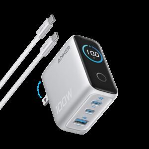 Anker Charger (100W, 3 Ports, Smart Display) Silver
